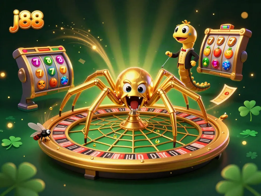 Engaging j88 gaming scene with a golden spider, roulette web, and lively slot elements.