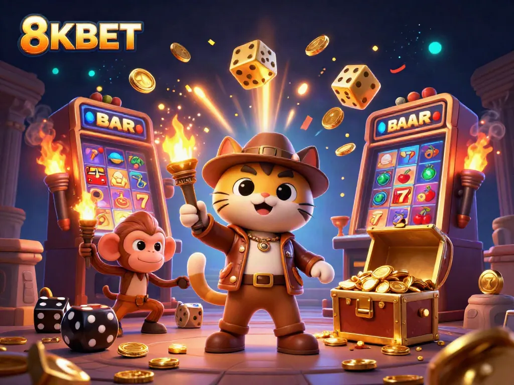 Experience thrilling adventures with 8KBET, where the explorer cat finds golden casino treasures in a dynamic scene.