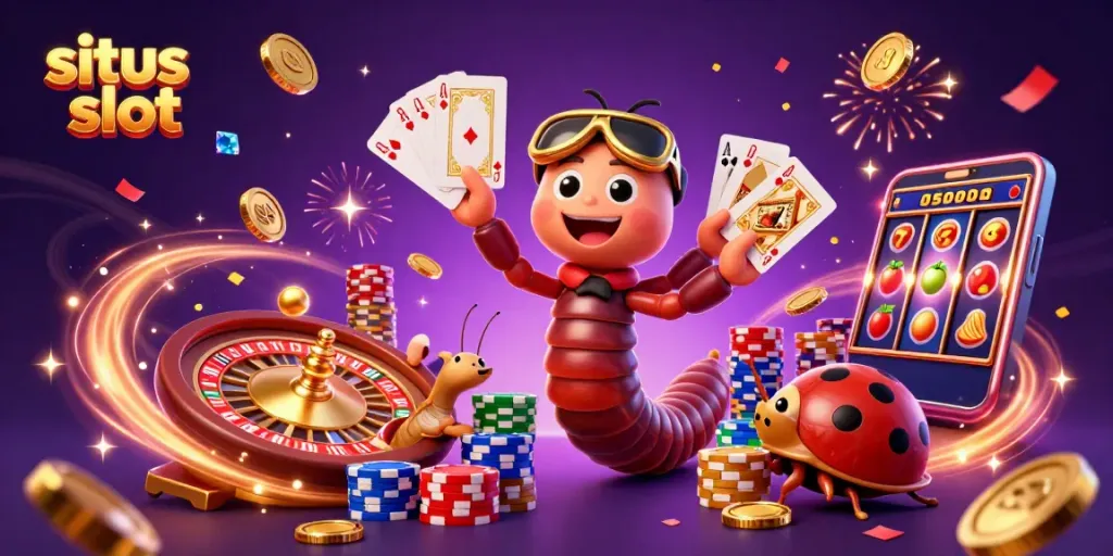 Experience situs slot excitement with a lively millipede dealer and high-roller snail at a colorful casino scene.