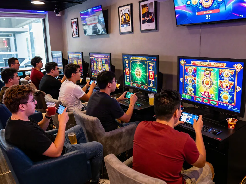 Players enjoying luxury12 slot games in a lively gaming lounge atmosphere.