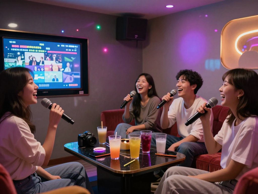 강남 유앤미에서 친구들과 함께 노래 부르는 모습, 아늑한 분위기의 프라이빗 룸에서 즐거운 시간 보내기
