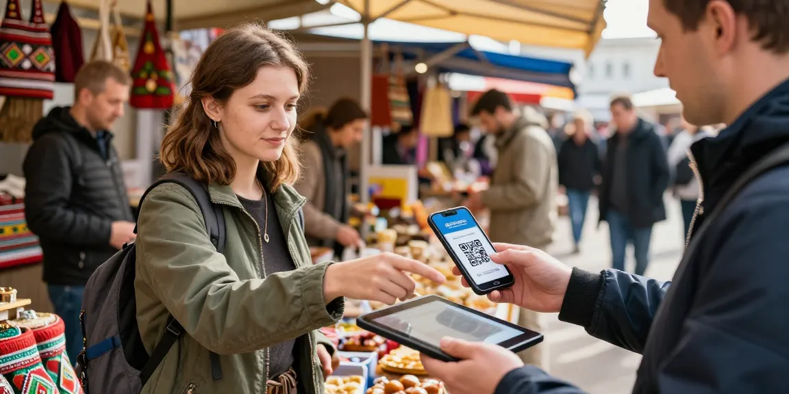 Menggunakan aplikasi pembayaran digital di pasar Rusia yang ramai dengan https://payinrussia.com/ dan QR code di smartphone.