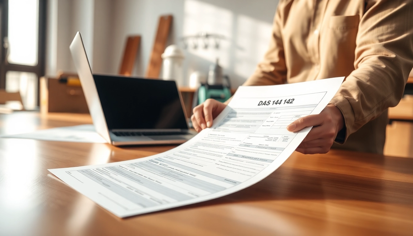 Complete the DAS 142 form in a well-lit office, emphasizing clarity and professionalism.
