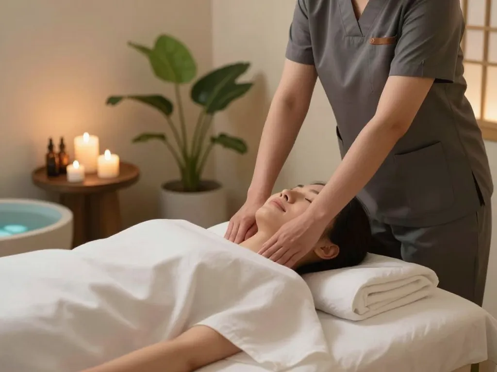 A skilled therapist providing a 강남마사지 in a tranquil spa environment with calming lighting and essential oils.