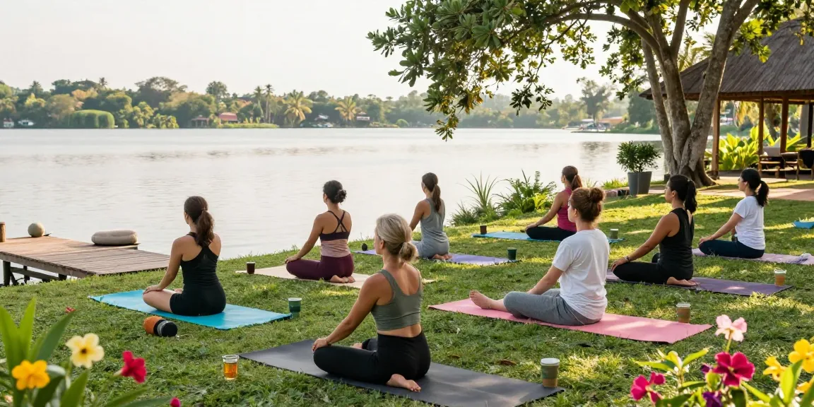 Engaged participants in yoga teacher training Sri Lanka at peaceful lakeside retreat, vibrant nature backdrop