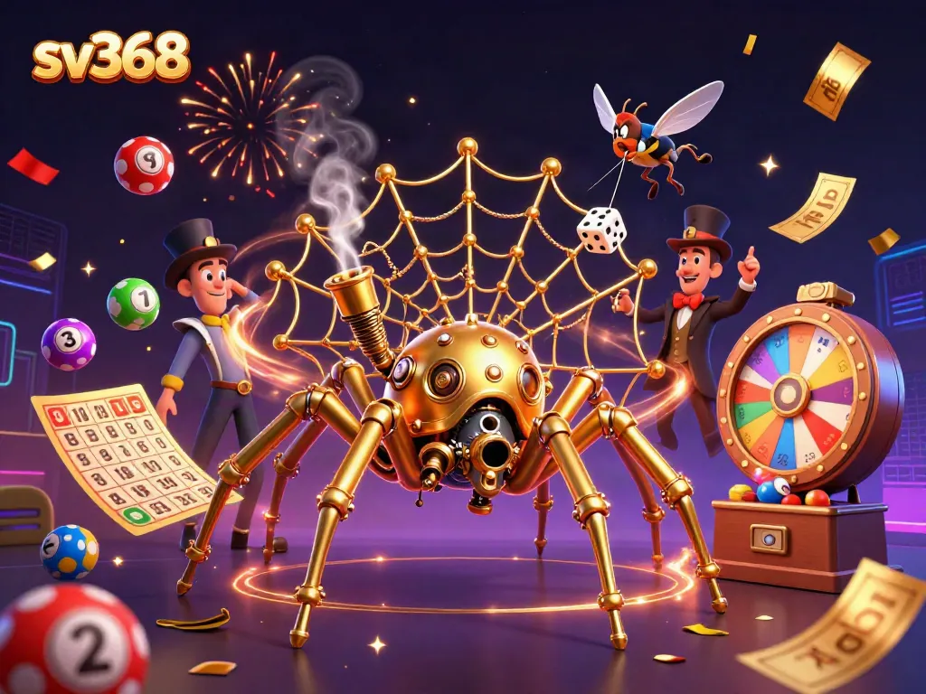 Experience the thrill of sv368 with a steampunk spider wrapping dice in a dazzling casino web.