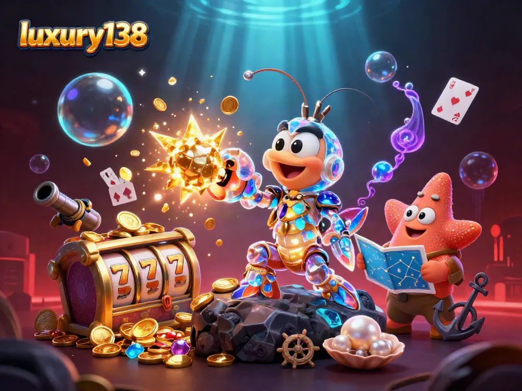 Luxury138 menghadirkan ilustrasi kasino yang mengundang pemain dengan slot, harta karun, dan elemen menakjubkan.
