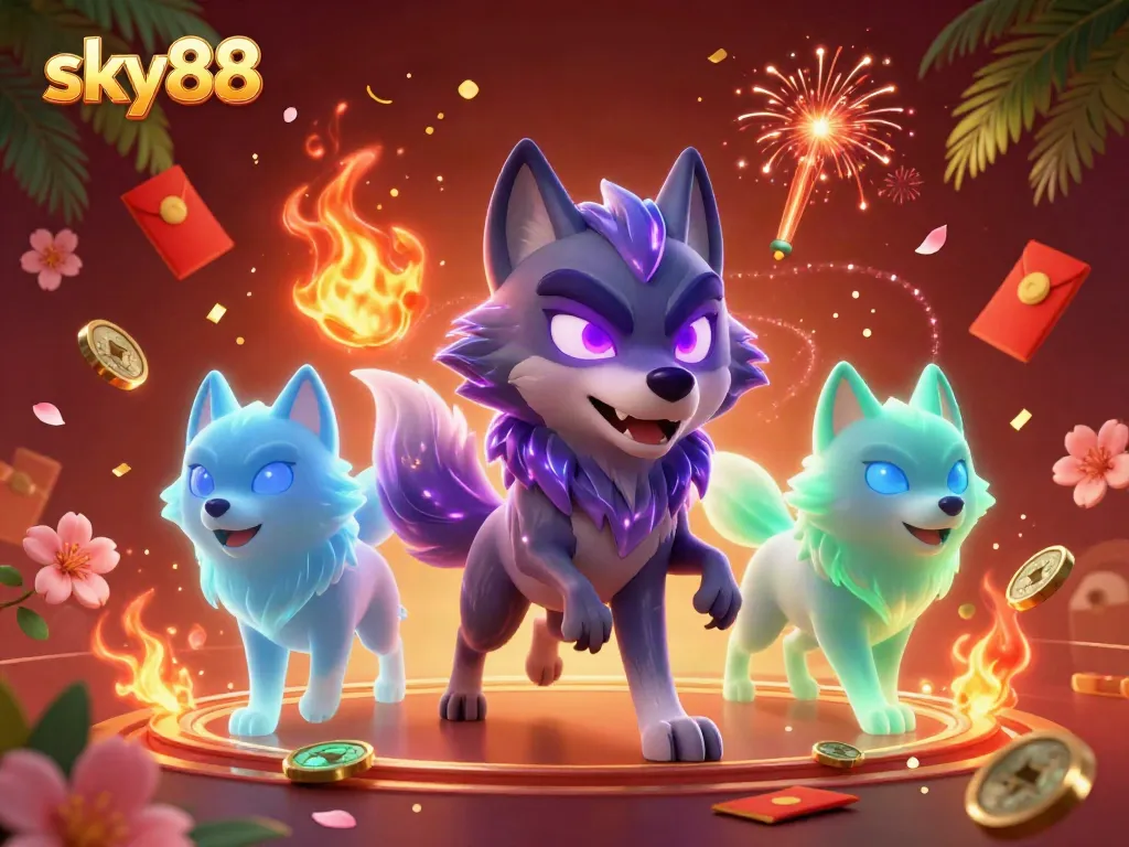 Experience thrilling gaming with sky88's dynamic casino world in this vibrant 3D illustration.