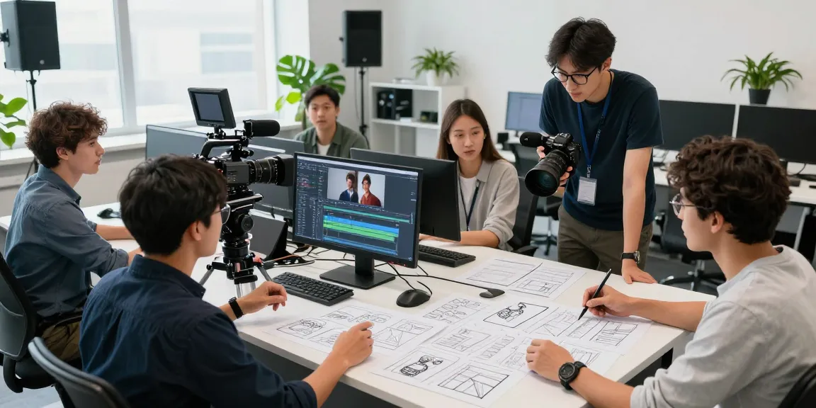 Leading Video Production House in Singapore team collaborating on corporate video project in a modern studio setting.