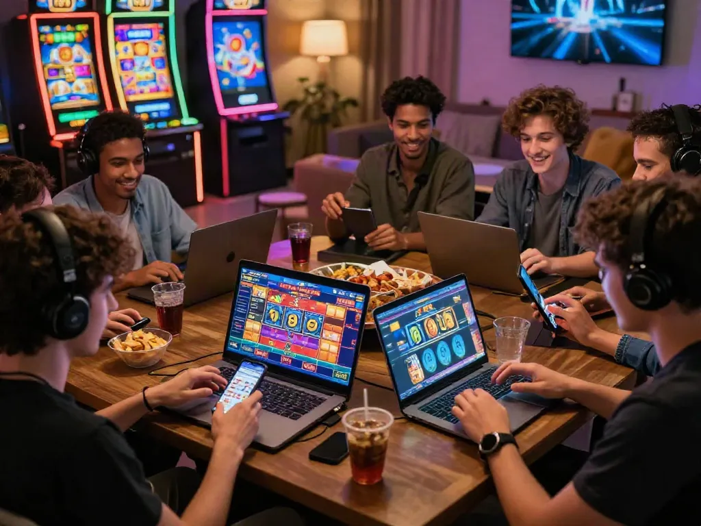 Enjoying link alternatif djarum bos while friends play online casino games in a lively setting.
