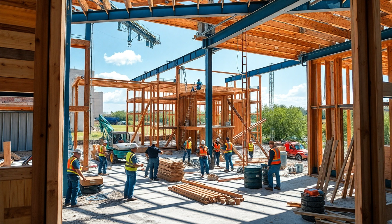 Workers collaborating on Austin construction site showcasing urban development.