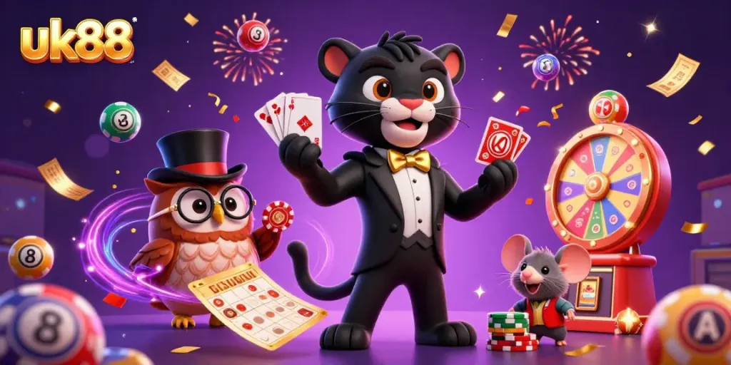 Experience the excitement of uk88 with a lively casino illustration featuring a panther dealer and an owl with poker chips.