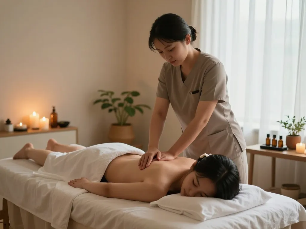 평화로운 스파 환경에서 편안한 마사지 요법을 제공하는 숙련된 치료사를 보여주는 매력적인 인계동마사지 장면.