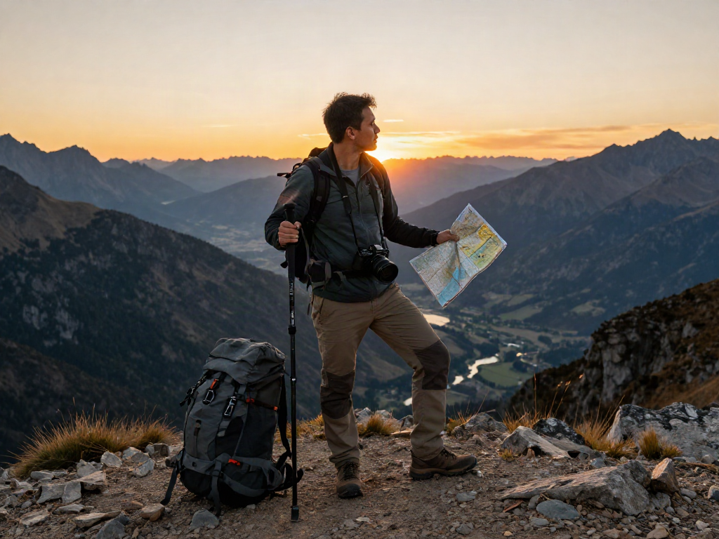 Traveler enjoying breathtaking sunset views at a mountain peak with rokok88 gear.