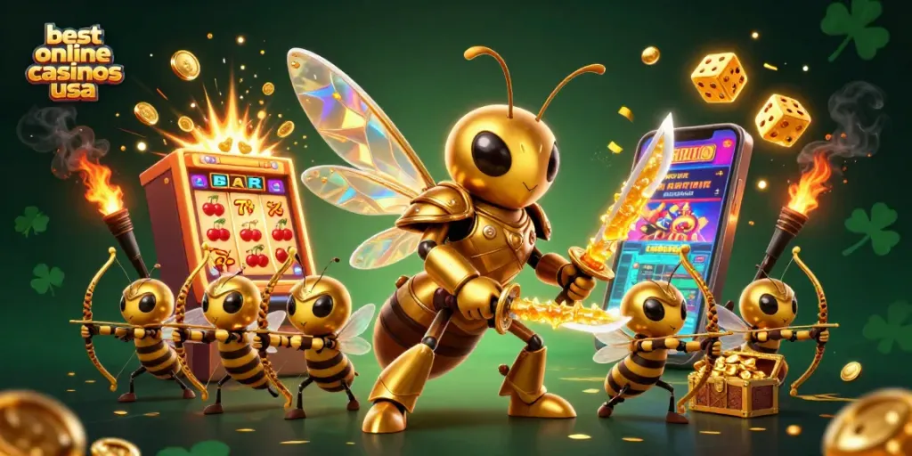Engage with the best online casinos USA featuring a bustling casino scene with golden hornet characters.