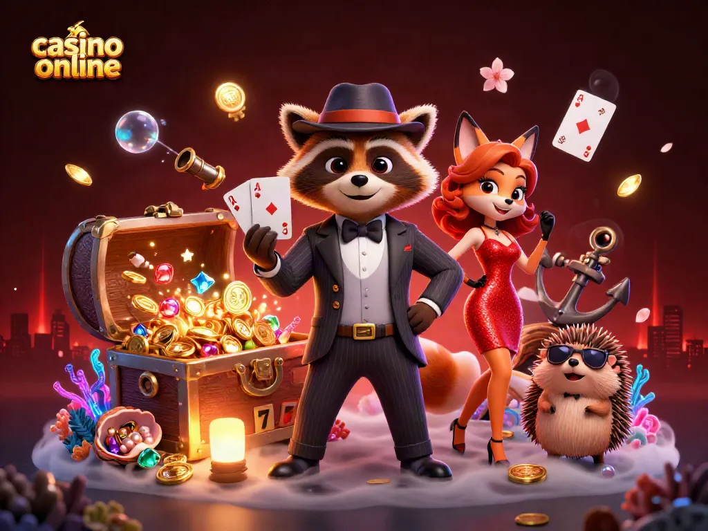 Juego emocionante en un casino en línea con personajes animados y tesoros brillantes.