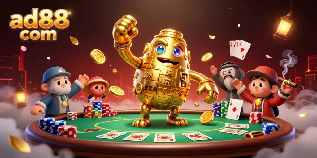 Play with luck at ad88 com featuring a vibrant casino scene with golden characters and poker elements.