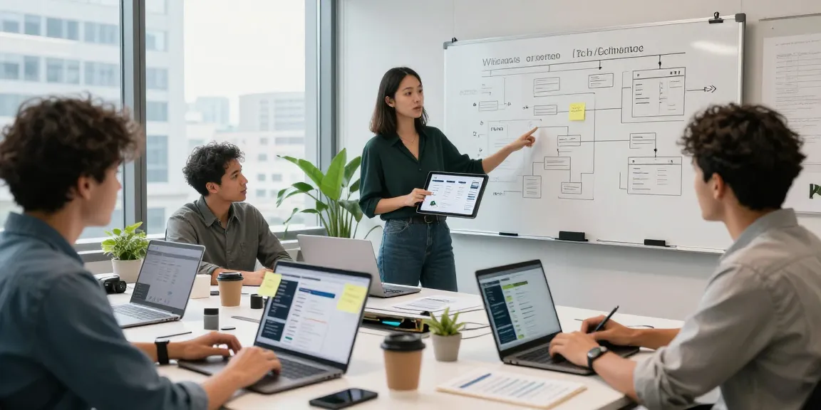 MVP development service team collaborating in a modern workspace, showcasing dynamic software design and planning.