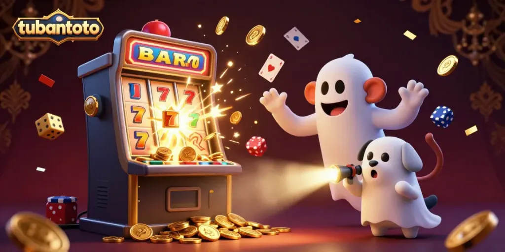 Experience the excitement of tubantoto with a playful poltergeist juggling golden casino elements amid a jackpot explosion.