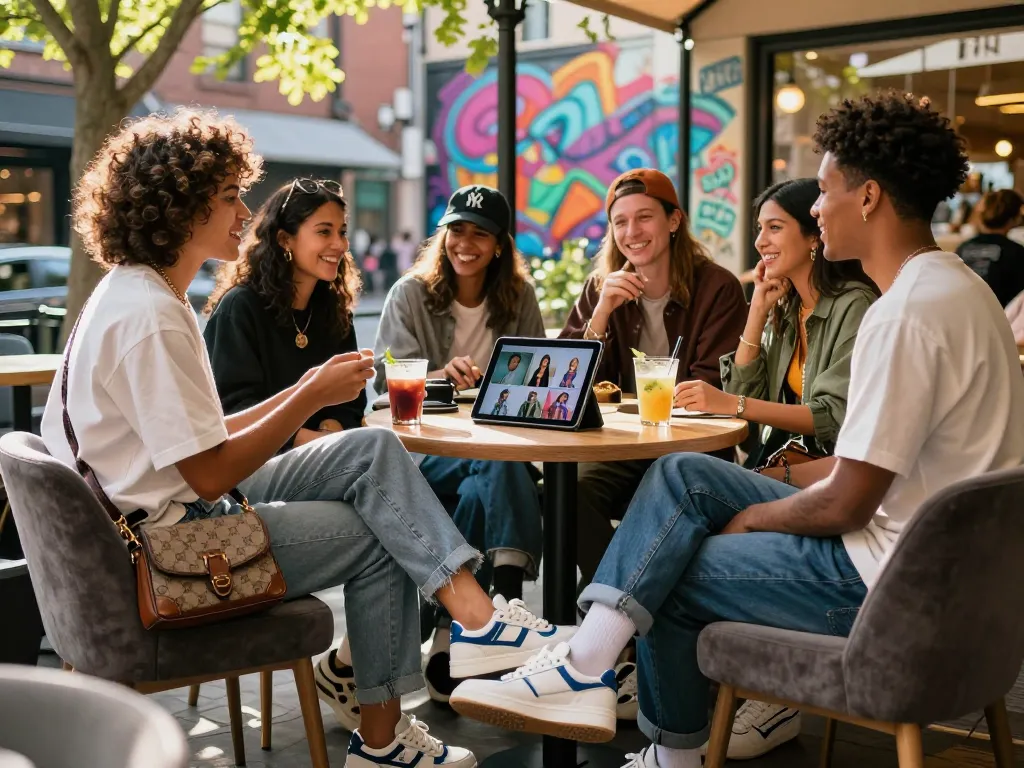 Stylish individuals wearing 레플리카 sneakers and designer bags in a trendy urban café.
