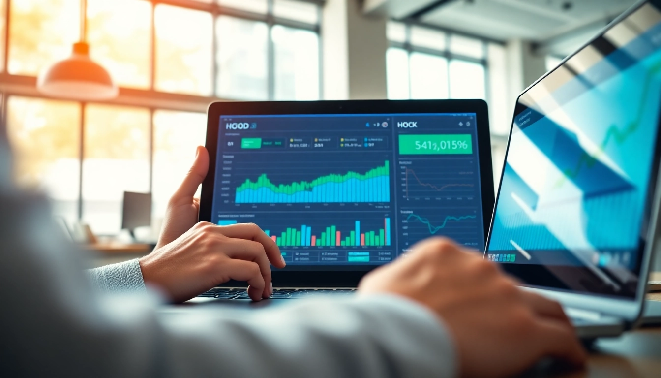 Analyst studying HOOD stock price trends on a laptop in a bright office environment.