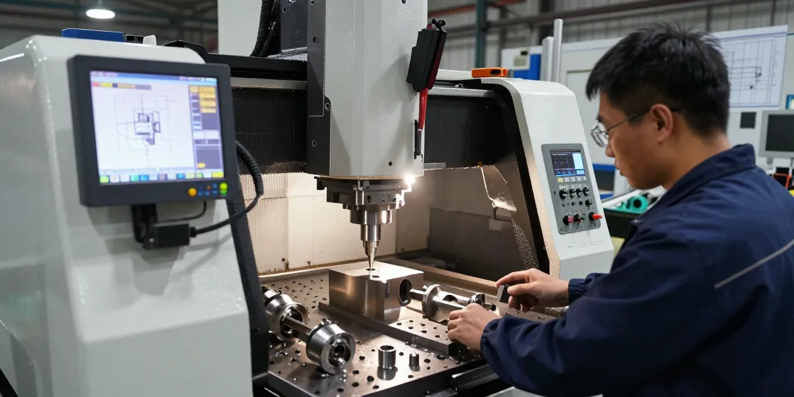CNC Machining China - Skilled technician operating advanced CNC machine in a modern manufacturing facility.