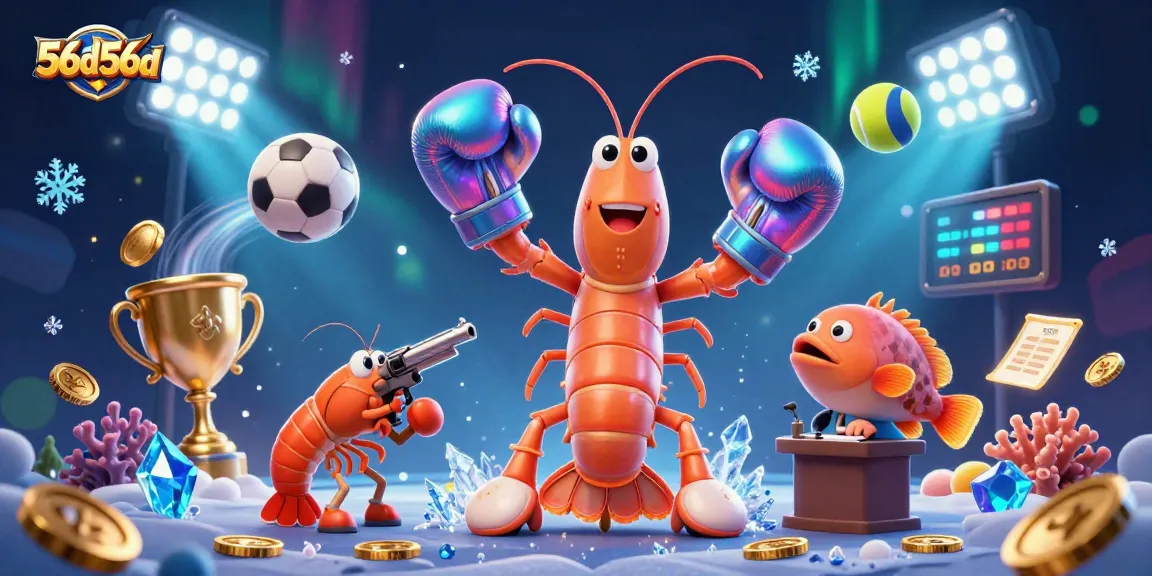 Engage in exciting sports betting with 56d56d's dynamic cartoon scene featuring mantis shrimp and sports balls.