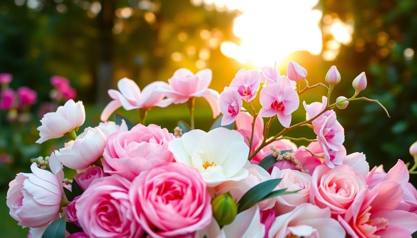 Display exquisite wedding flowers in a beautiful outdoor setting, emphasizing elegance and romance.