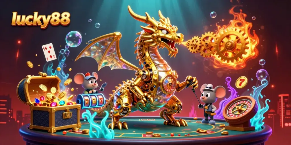 Experience thrilling gameplay with lucky88 in this vibrant 3D gaming illustration.