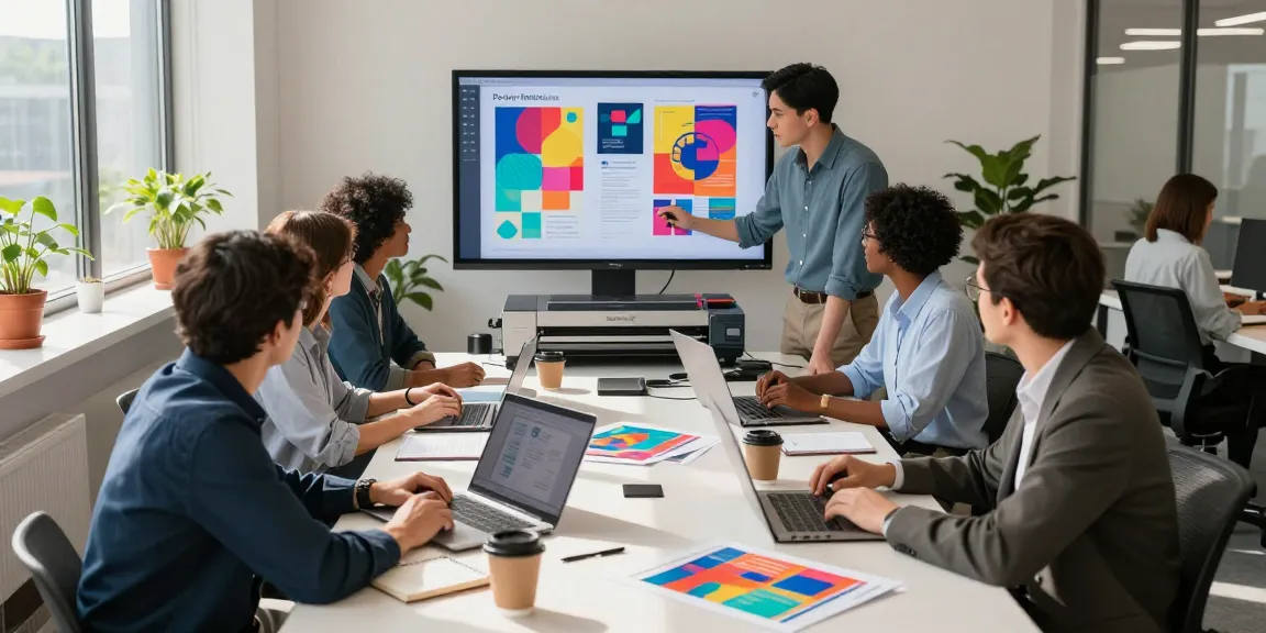 Group brainstorming about Poster Printer Machines in a bright office setting with printed materials and digital displays.