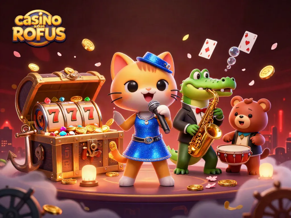 Experience the thrill of gaming at casino uden ROFUS with a lively, colorful 3D scene featuring dynamic characters and games.