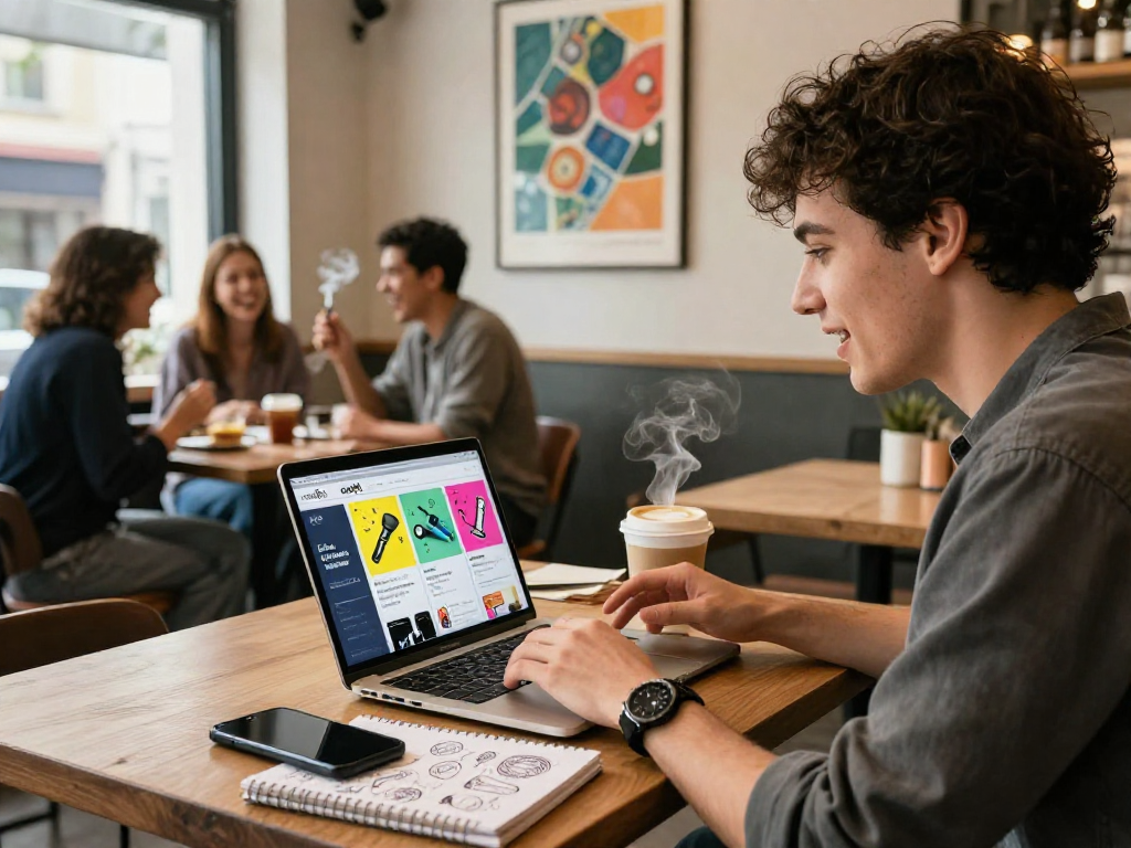 Social interaction in a coffee shop featuring rokok88 lifestyle accessories and vibrant atmosphere.