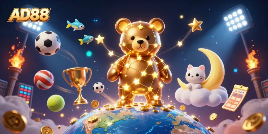 Experience thrilling moments with AD88 as the constellation bear scoops coins amidst dazzling sports elements.