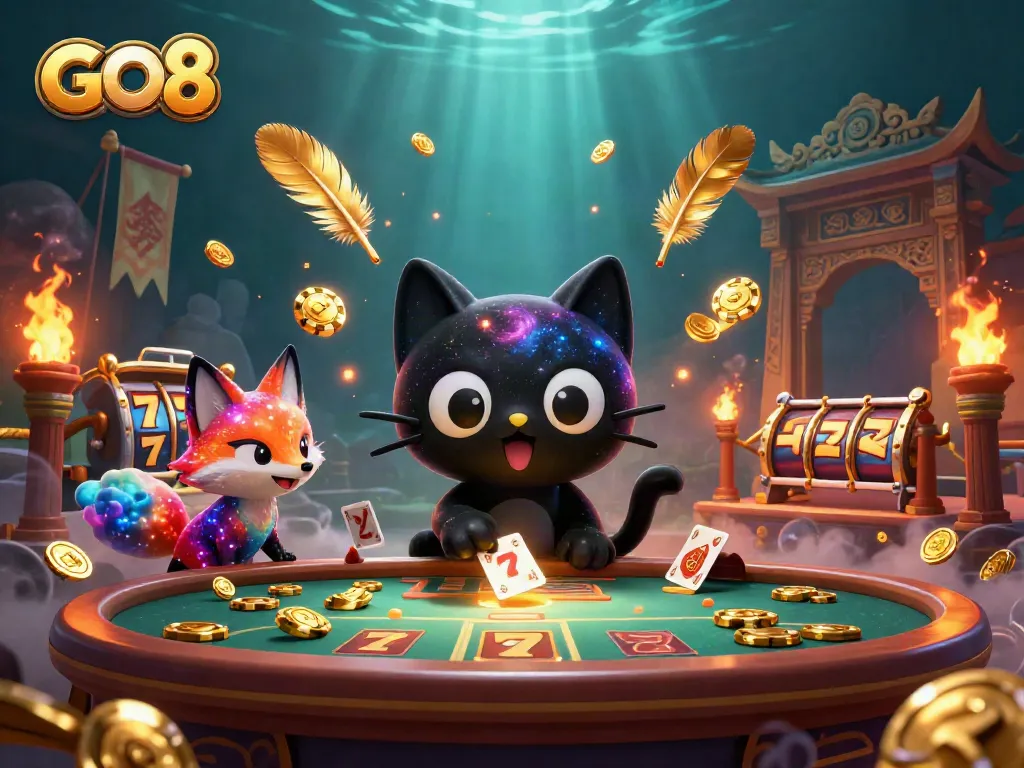 GO8 cosmic casino scene with black hole cat and nebula fox amidst swirling golden chips and slot reels.
