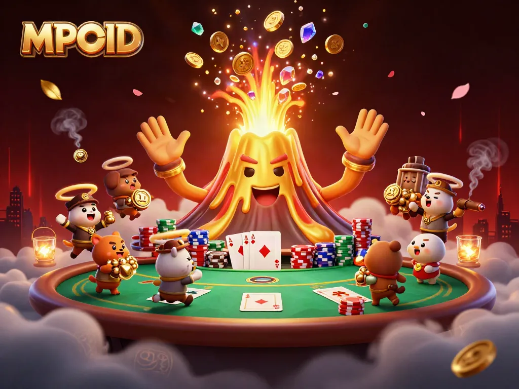Engage with MPOID's thriving casino scene featuring erupting volcano treasures and dynamic poker elements.