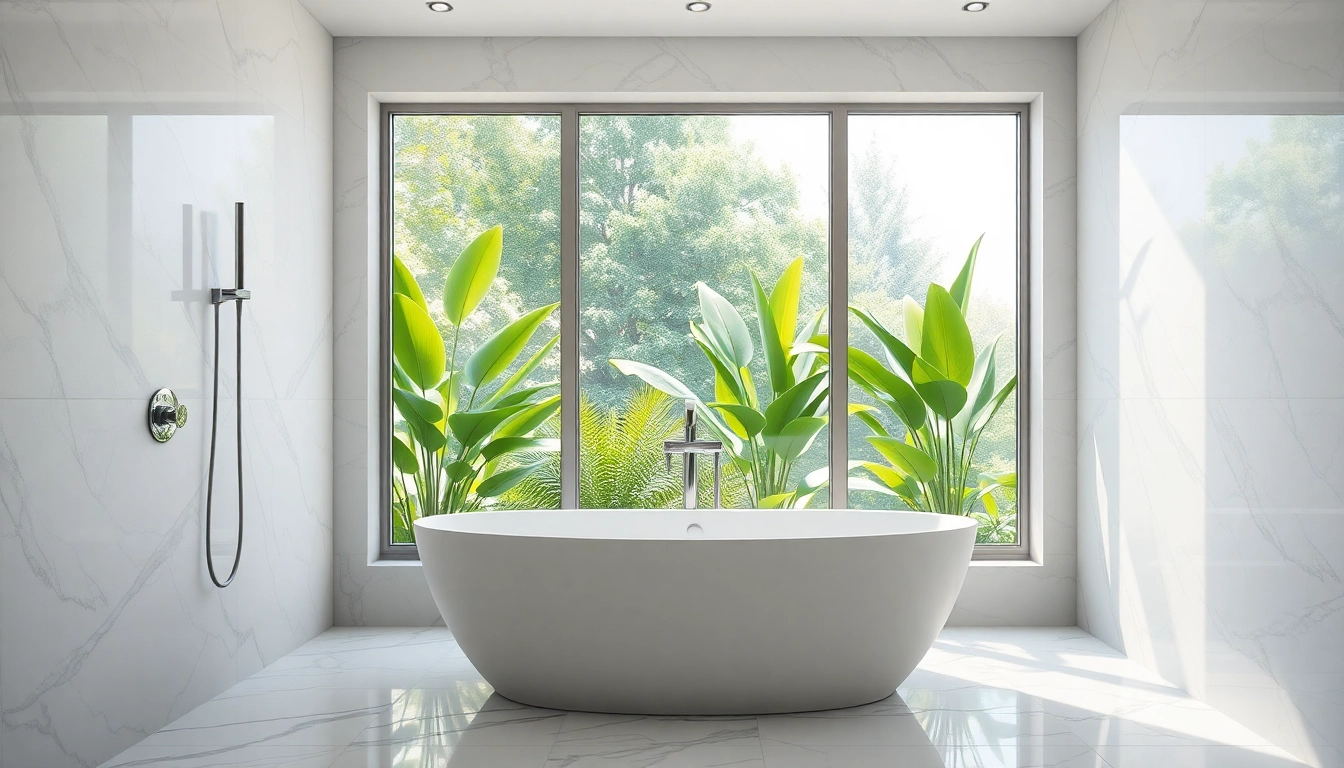 Explore elegant showers uk in a serene bathroom setting with freestanding tub and natural light.