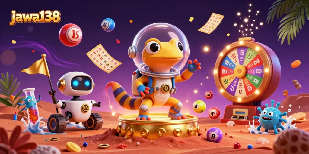 Play dynamic games with jawa138 at a vibrant Martian casino filled with colorful symbols.