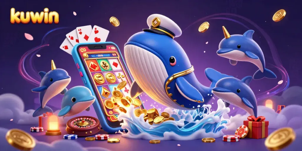Kuwin engages players with a vibrant casino-themed scene featuring a whale and thrilling gaming elements.