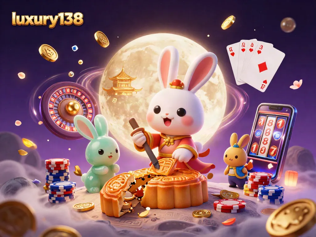 Experience excitement with luxury138 as the moon rabbit reveals poker chips inside golden mooncakes in a vibrant casino scene.