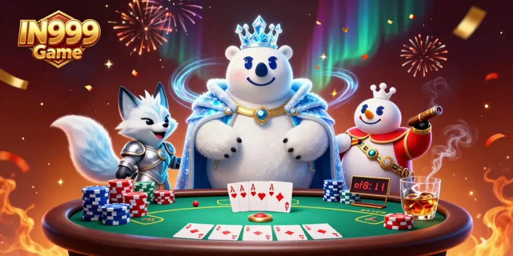 Experience excitement with IN999 Game's vibrant poker scene featuring cartoon characters and festive elements.