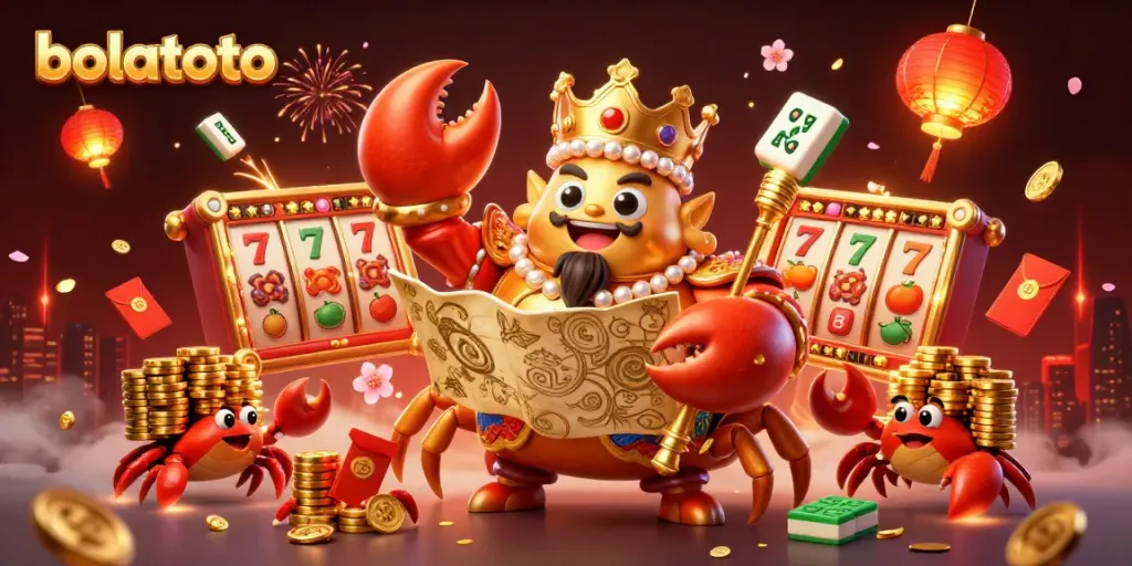 Win big with bolatoto as the golden crab emperor oversees a festive casino scene.