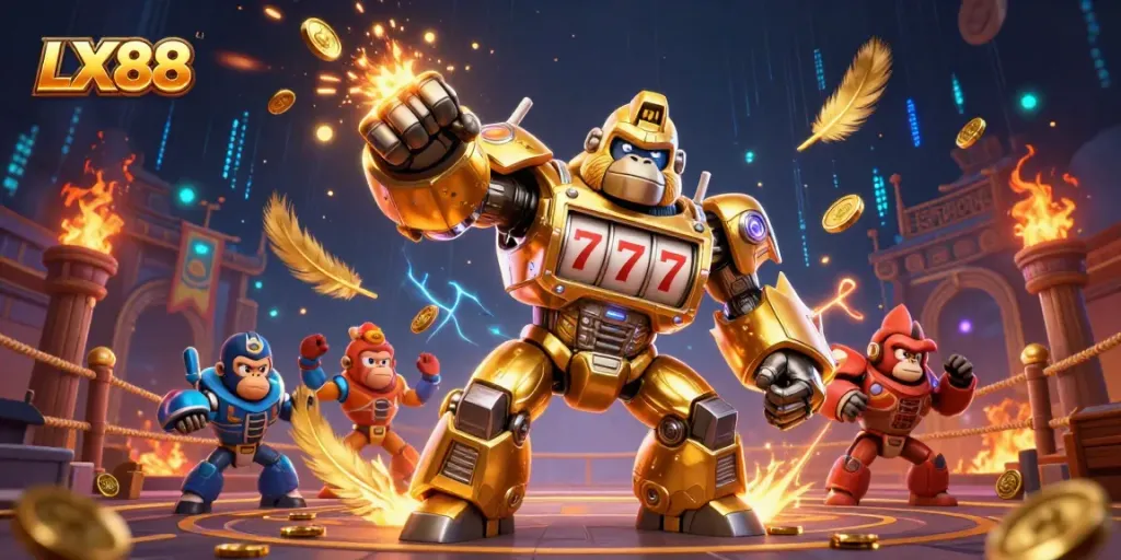LX88 golden gorilla mech bursting with coins showcases dynamic casino action.