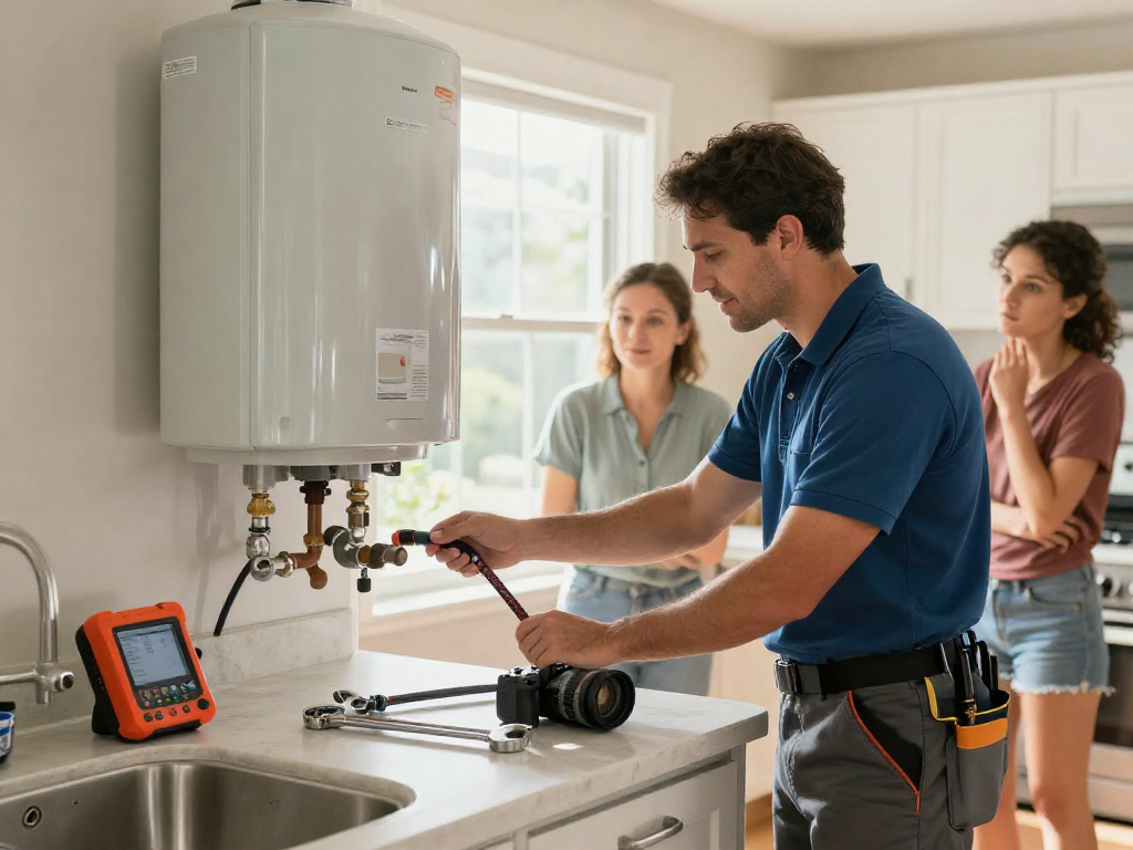 Expert plumber Fort Worth inspecting a water heater in a modern kitchen, showcasing residential plumbing services.