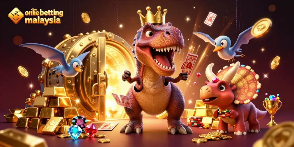 Experience thrilling online betting Malaysia with a friendly T-Rex, pterodactyl, and triceratops in a vibrant casino scene.