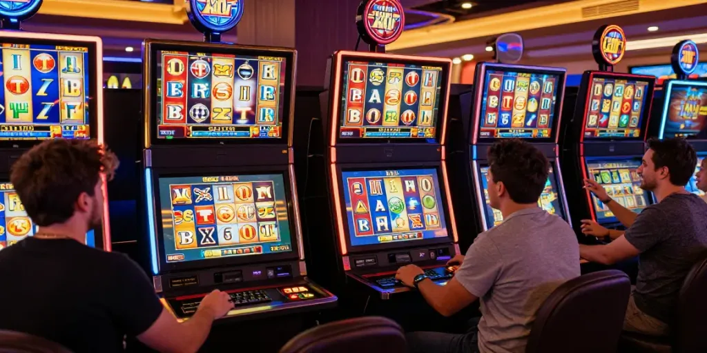 Situs slot gacor dengan pemain menikmati pengalaman game online, penuh warna dan interaksi.