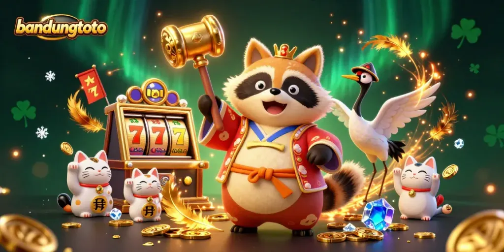 Experience excitement at bandungtoto with colorful characters and dynamic slot elements in a vibrant casino scene.