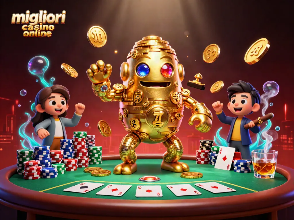 Scopri i migliori casinò online con un'illustrazione vivace di un golem d'oro tra elementi di poker.