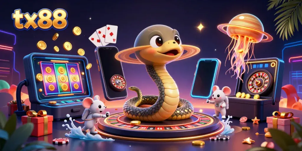 Experience thrilling bets at tx88 with a vibrant 3D cosmic casino scene filled with playful characters.