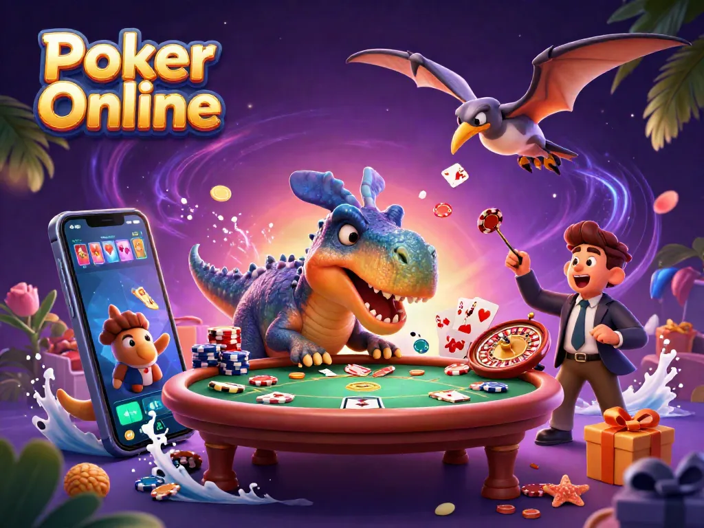 Play Poker Online exciting scene with vibrant characters, dynamic poker table action, and thrilling game elements.