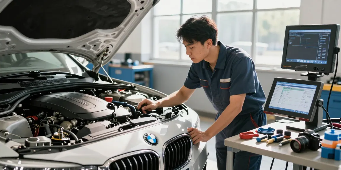 BMW Werkstatt Hannover - Mechaniker prüft Motor in professioneller Werkstatt.